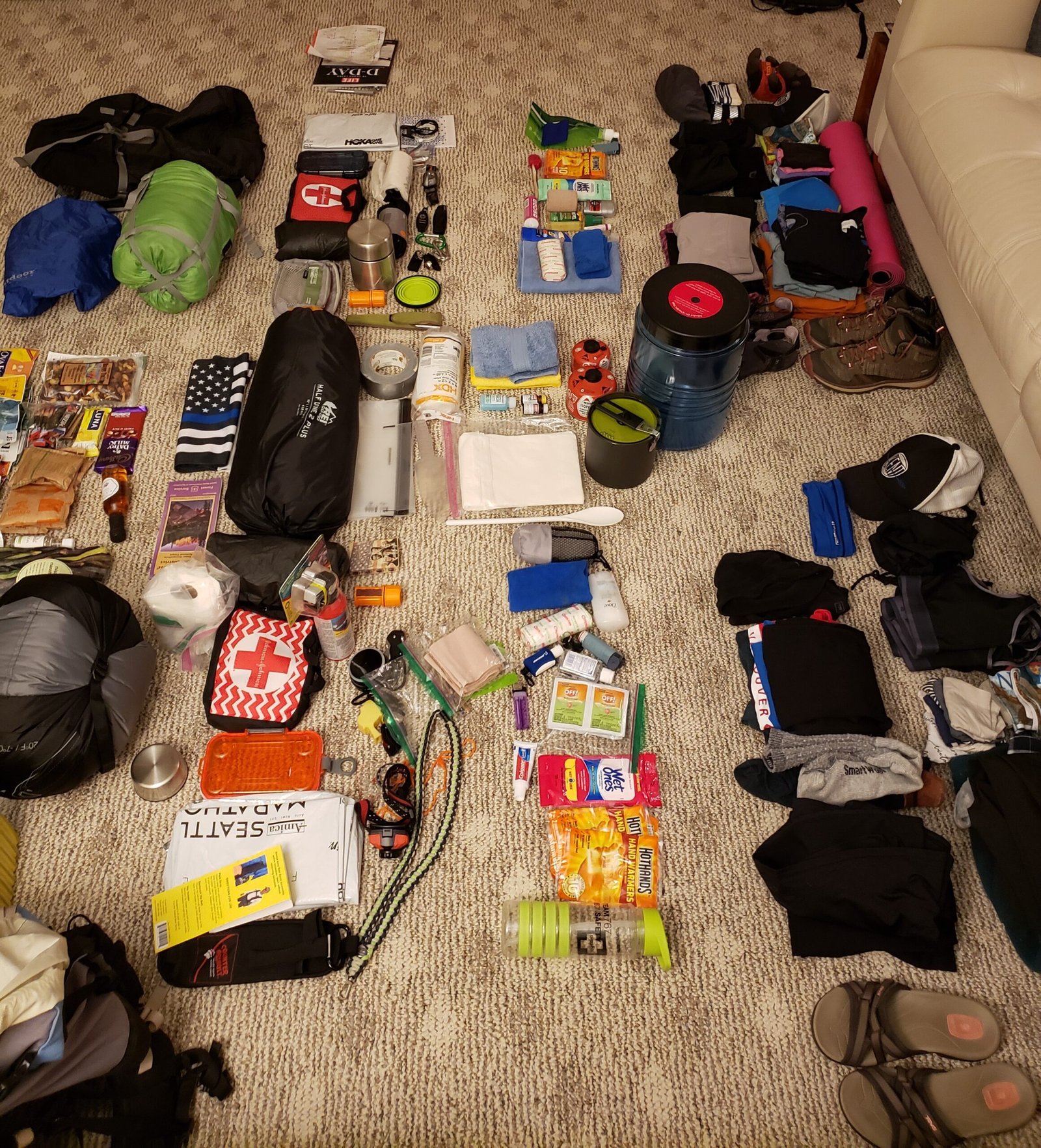 Assorted camping and survival gear, including food, clothing, first aid kits, kitchen supplies, and sleeping bags, organized on a beige carpet next to a white sofa.
