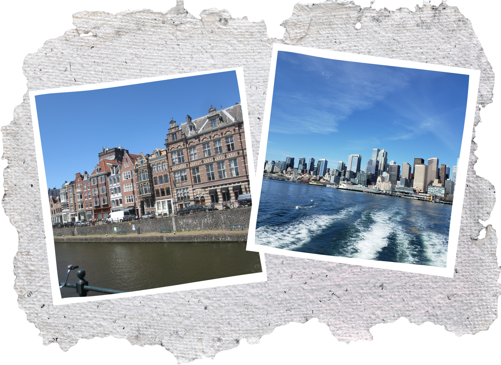 Two photos on a textured background. The picture on the left shows an Amsterdam canal with canal-side buildings under a clear blue sky. The picture on the right depicts the Seattle skyline from a ferry's wake, on also a clear blue sky.