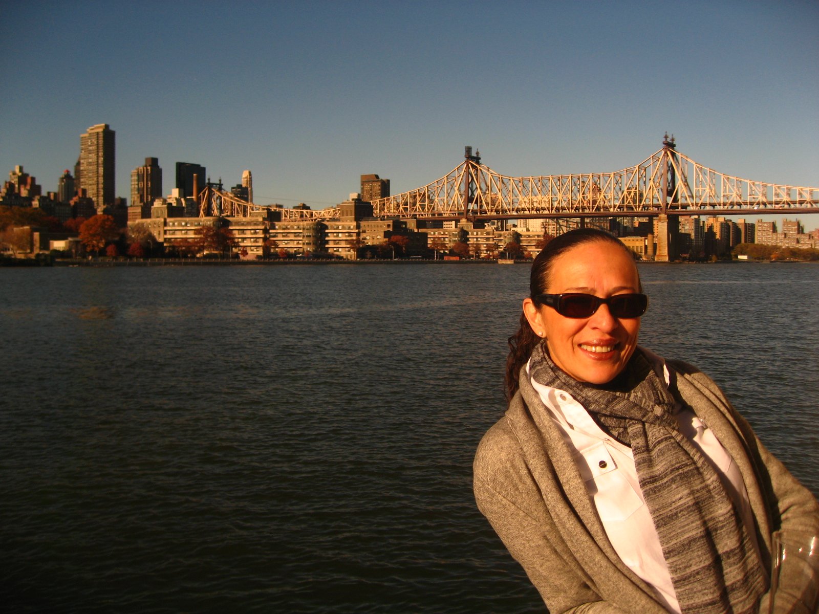 Smiling woman wearing sunglasses, a gray scarf, and a light jacket stands by the East River with the New York City skyline and the Queensboro Bridge in the background.
