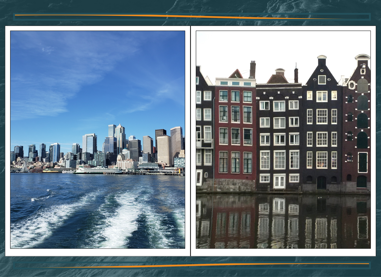 A waterway scene showing Seattle skyline with skyscrapers under a clear blue sky on the left, and colorful, narrow canal houses in Amsterdam reflected in calm water on the right.