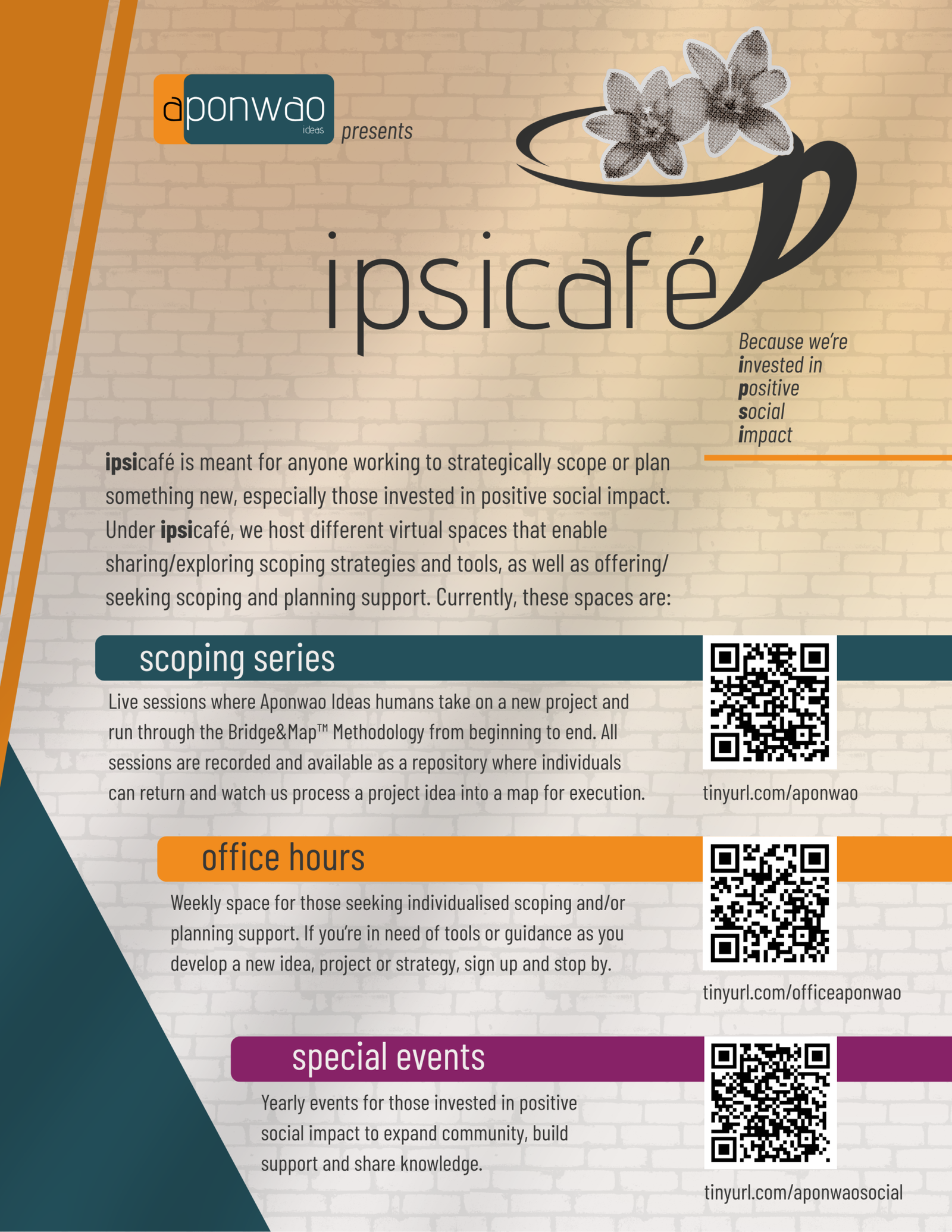 Promotional poster for Aponwao Ideas featuring ipsicafé on a brick-wall background with orange and teal branding, a floral motif, and sections for scoping series, office hours, and special events, each with a QR code and tinyurl links.